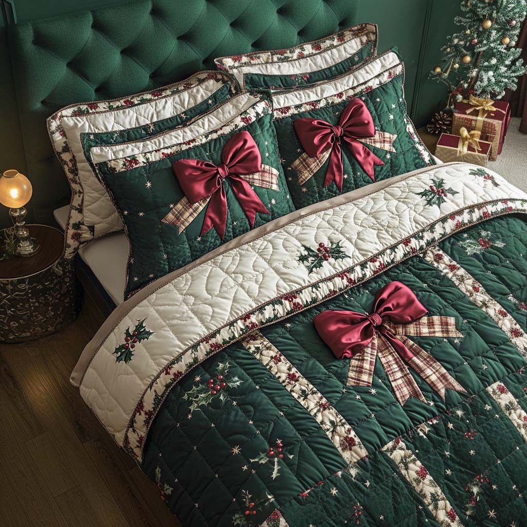 Festive Bow Serenade quilted 3-piece bedding set on a made bed in a winter-styled bedroom