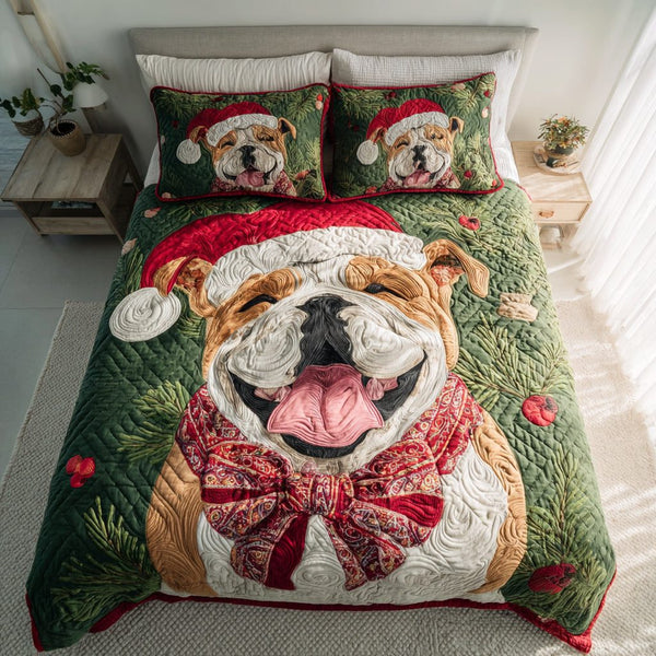 Festive Bulldog Smile quilted 3-piece bedding set on a made bed in a winter-styled bedroom