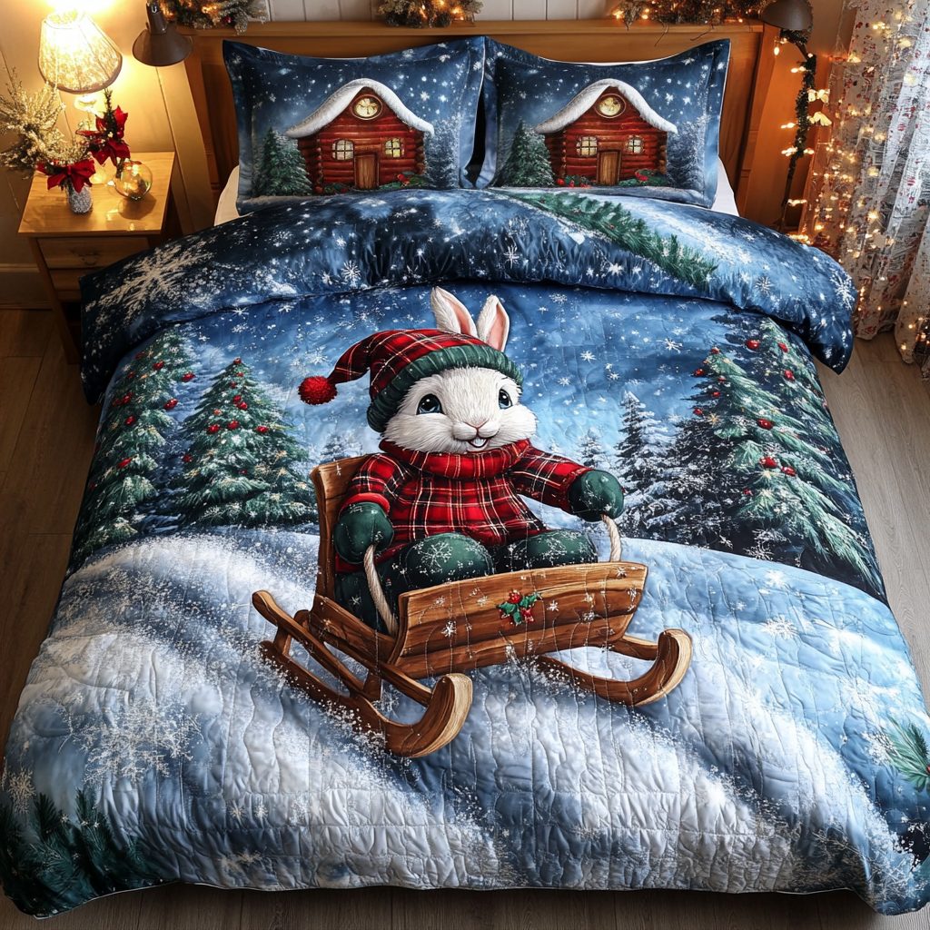 Festive Bunny Bliss quilted 3-piece bedding set on a made bed in a winter-styled bedroom
