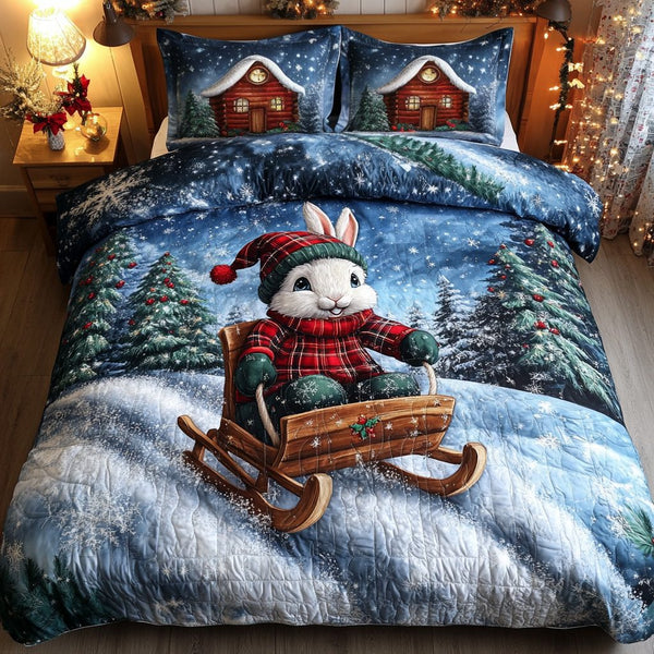 Festive Bunny Bliss quilted 3-piece bedding set on a made bed in a winter-styled bedroom