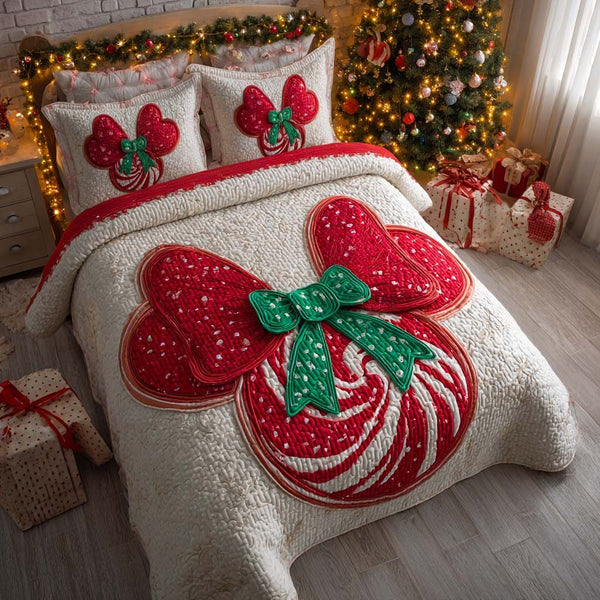 Festive Candy Delight quilted 3-piece bedding set on a made bed in a winter-styled bedroom