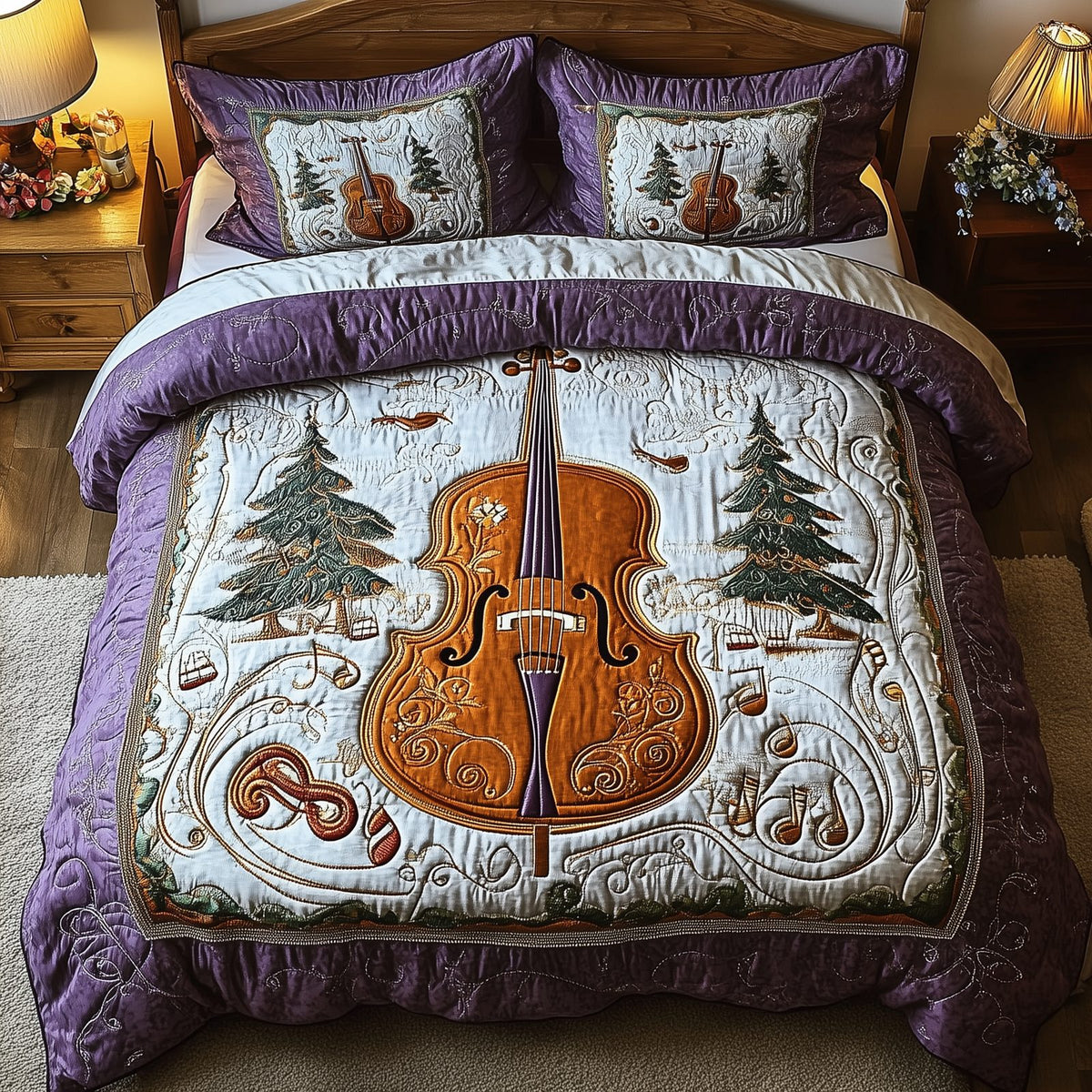 Festive Cello quilted 3-piece bedding set on a made bed in a winter-styled bedroom