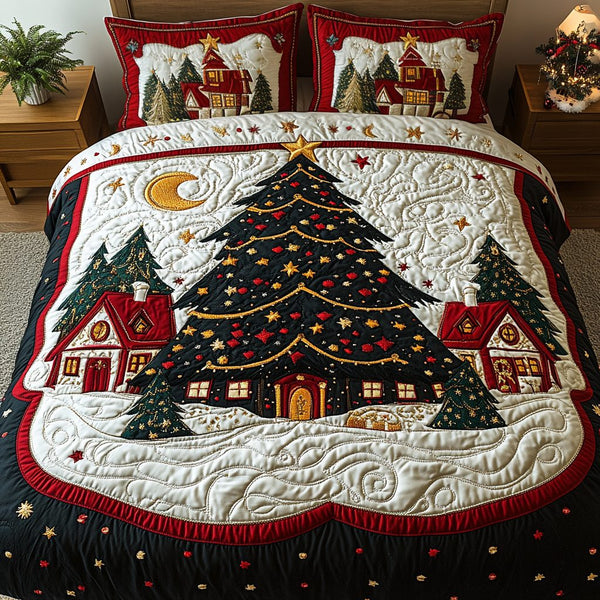 Festive Charm quilted 3-piece bedding set on a made bed in a winter-styled bedroom