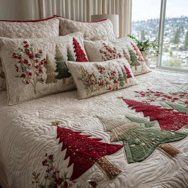 Festive Charm quilted 3-piece bedding set on a made bed in a winter-styled bedroom
