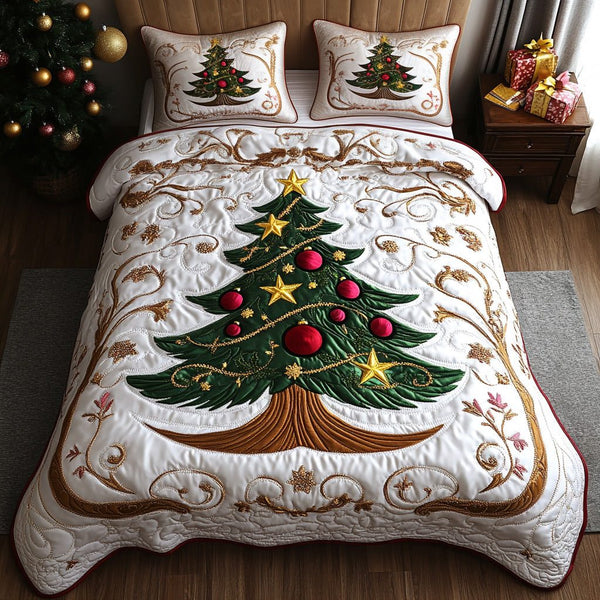 Festive Charm quilted 3-piece bedding set on a made bed in a winter-styled bedroom