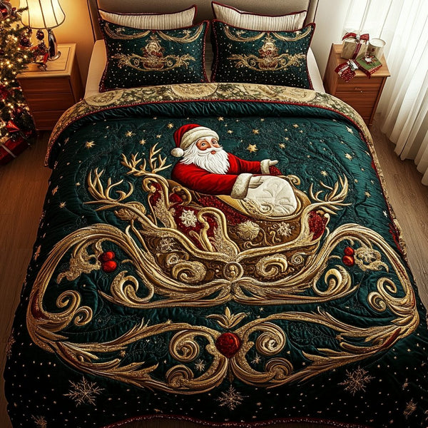 Festive Cheer quilted 3-piece bedding set on a made bed in a winter-styled bedroom