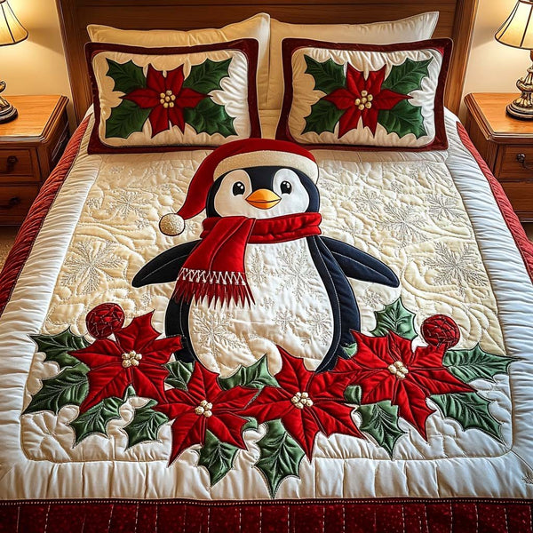 Festive Cheer quilted 3-piece bedding set on a made bed in a winter-styled bedroom