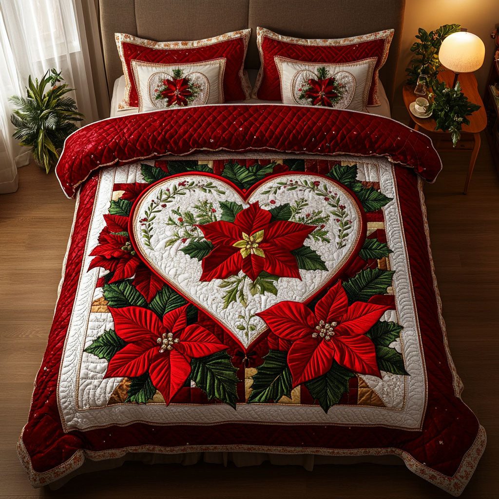 Festive Cheer quilted 3-piece bedding set on a made bed in a winter-styled bedroom