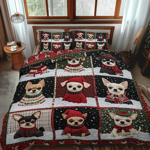 Festive Chihuahuas quilted 3-piece bedding set on a made bed in a winter-styled bedroom