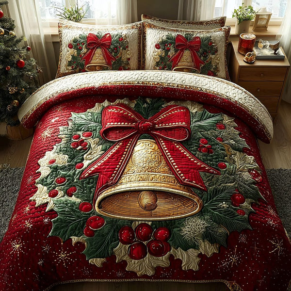 Festive Chimes quilted 3-piece bedding set on a made bed in a winter-styled bedroom