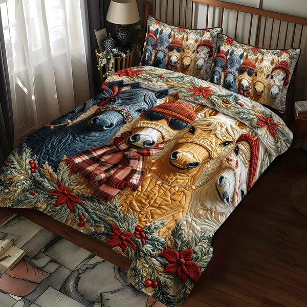 Festive Christmas Horse quilted 3-piece bedding set on a made bed in a winter-styled bedroom