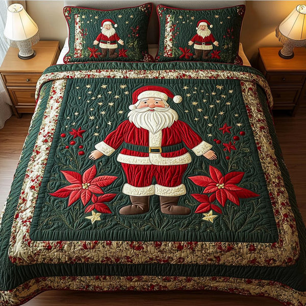 Festive Claus Magic quilted 3-piece bedding set on a made bed in a winter-styled bedroom