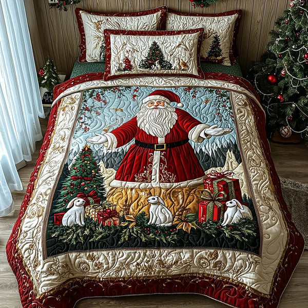 Festive Claus quilted 3-piece bedding set on a made bed in a winter-styled bedroom