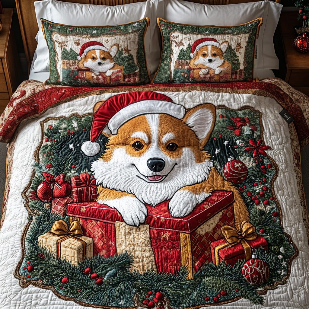 Festive Corgi quilted 3-piece bedding set on a made bed in a winter-styled bedroom