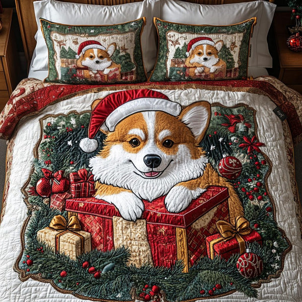 Festive Corgi quilted 3-piece bedding set on a made bed in a winter-styled bedroom