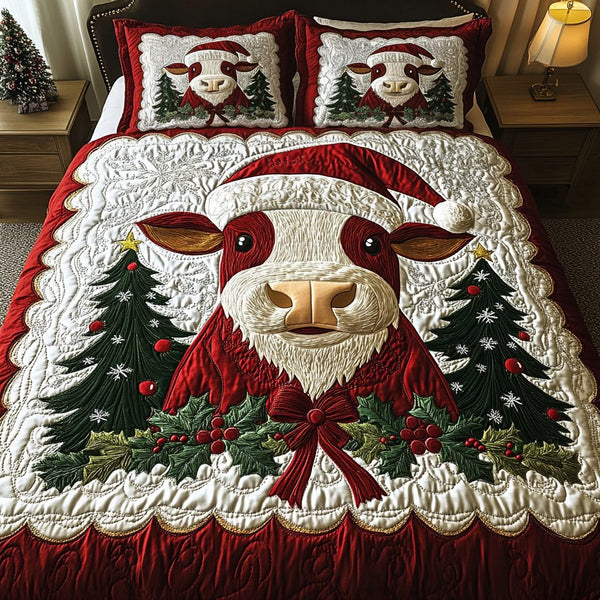 Festive Cow quilted 3-piece bedding set on a made bed in a winter-styled bedroom