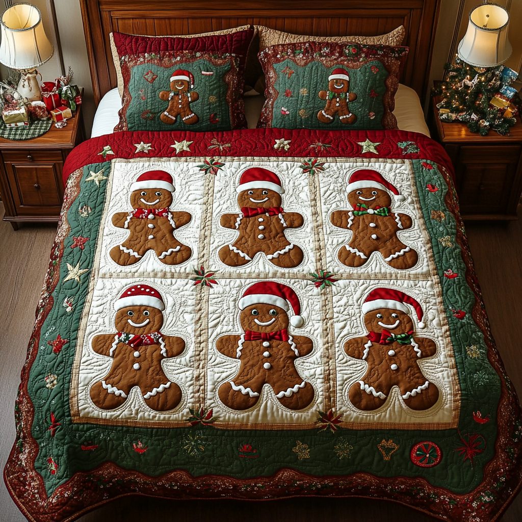 Festive Crumbs quilted 3-piece bedding set on a made bed in a winter-styled bedroom