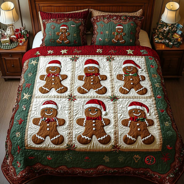 Festive Crumbs quilted 3-piece bedding set on a made bed in a winter-styled bedroom