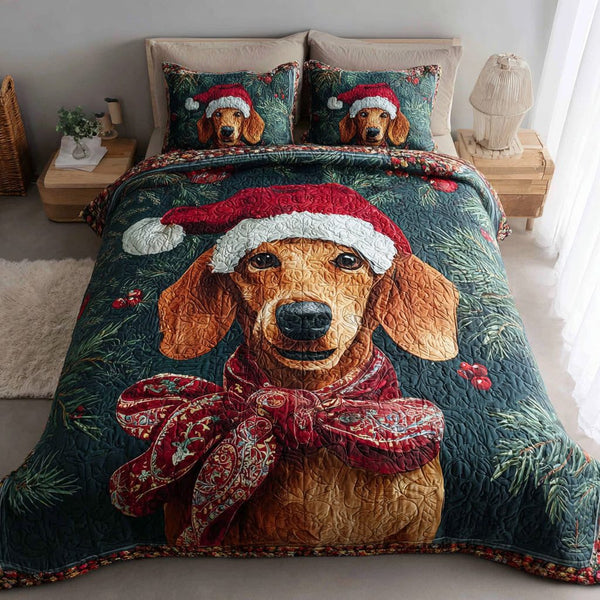 Festive Dachshund Grin quilted 3-piece bedding set on a made bed in a winter-styled bedroom