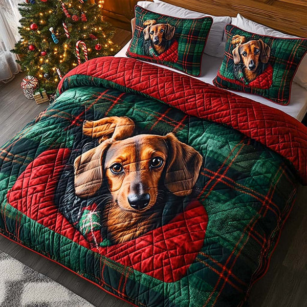 Festive Dachshunds quilted 3-piece bedding set on a made bed in a winter-styled bedroom