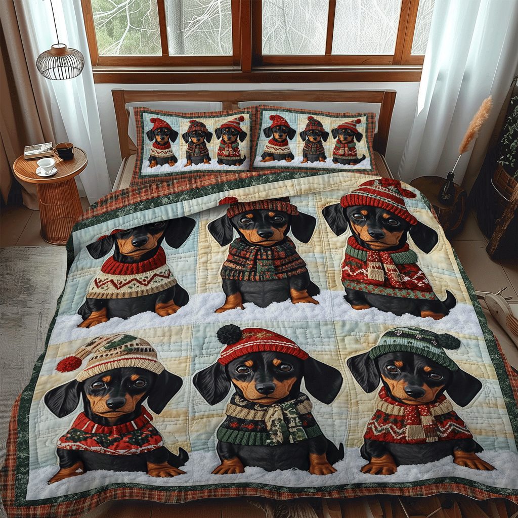 Festive Doxie quilted 3-piece bedding set on a made bed in a winter-styled bedroom