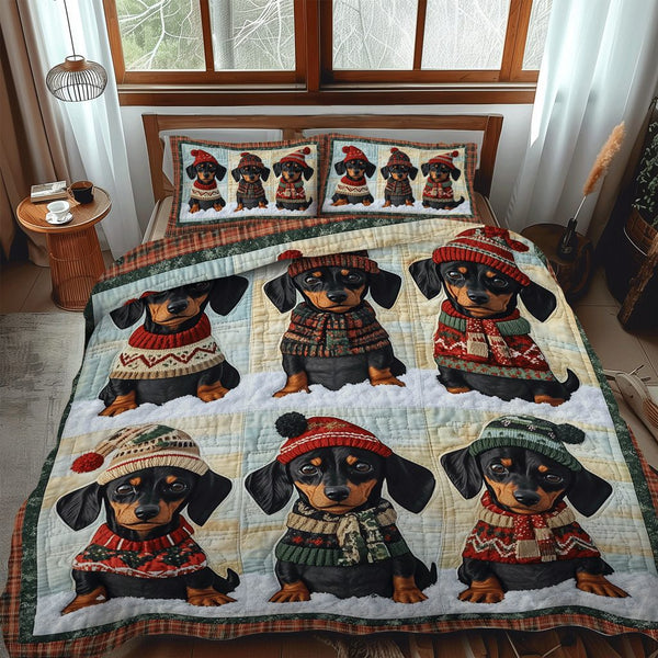 Festive Doxie quilted 3-piece bedding set on a made bed in a winter-styled bedroom