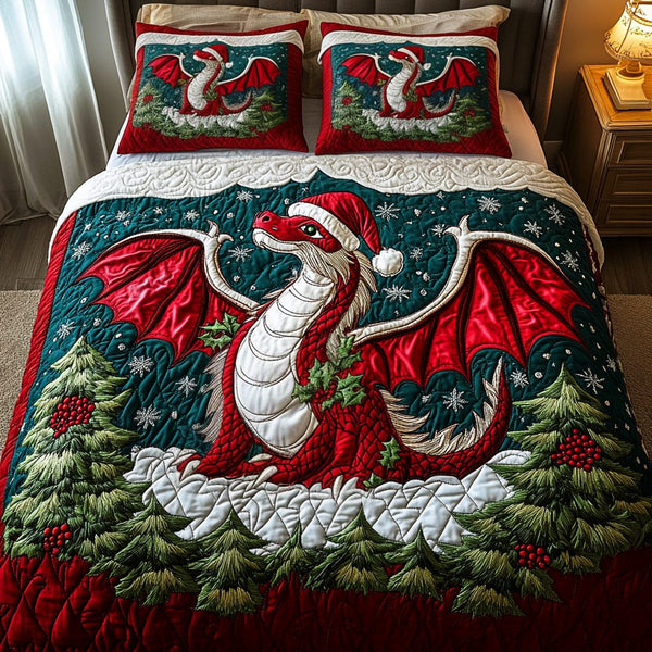 Festive Dragon quilted 3-piece bedding set on a made bed in a winter-styled bedroom