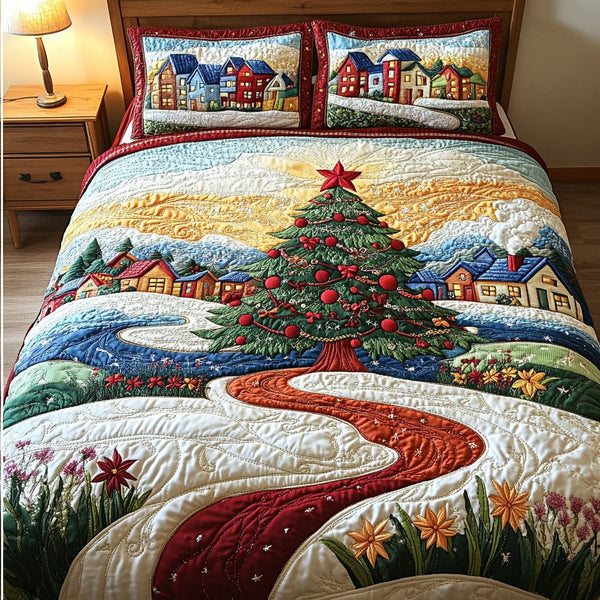 Festive Dream quilted 3-piece bedding set on a made bed in a winter-styled bedroom