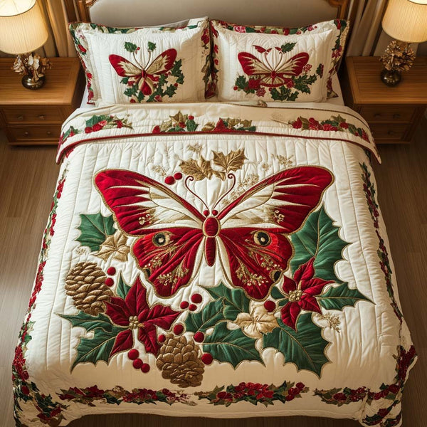 Festive Elegance quilted 3-piece bedding set on a made bed in a winter-styled bedroom