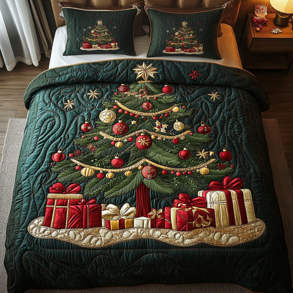 Festive Elegance quilted 3-piece bedding set on a made bed in a winter-styled bedroom
