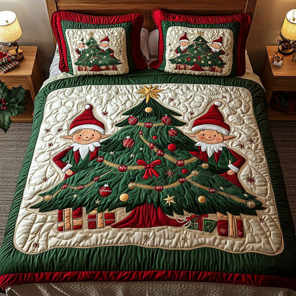 Festive Elf quilted 3-piece bedding set on a made bed in a winter-styled bedroom
