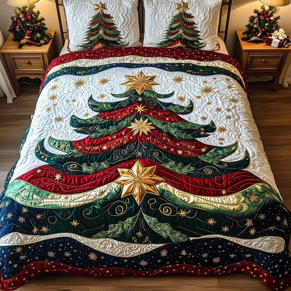 Festive Evergreen quilted 3-piece bedding set on a made bed in a winter-styled bedroom