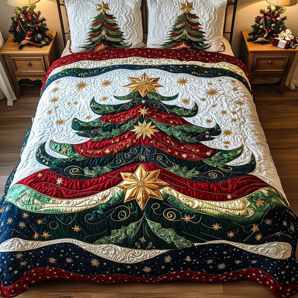 Festive Evergreen quilted 3-piece bedding set on a made bed in a winter-styled bedroom