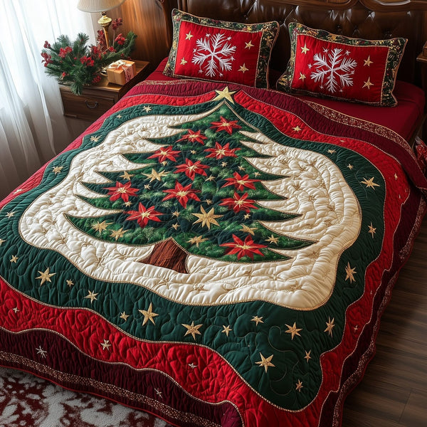 Festive Evergreen quilted 3-piece bedding set on a made bed in a winter-styled bedroom