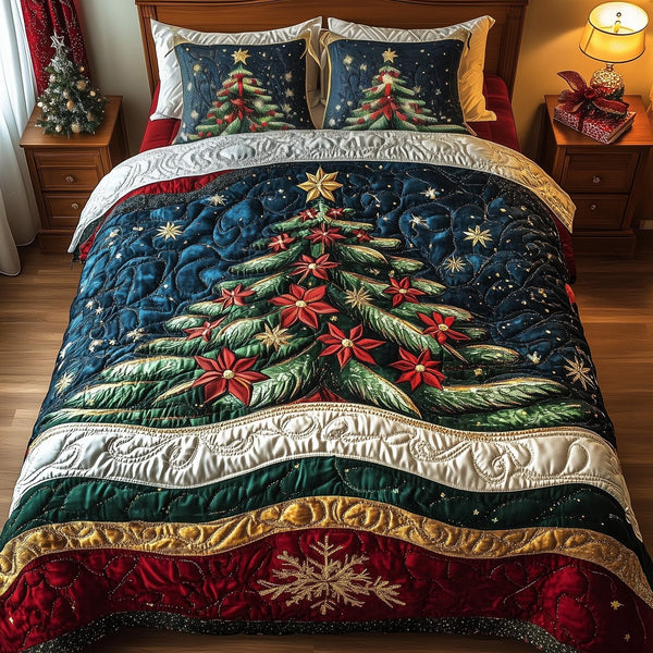 Festive Evergreen quilted 3-piece bedding set on a made bed in a winter-styled bedroom