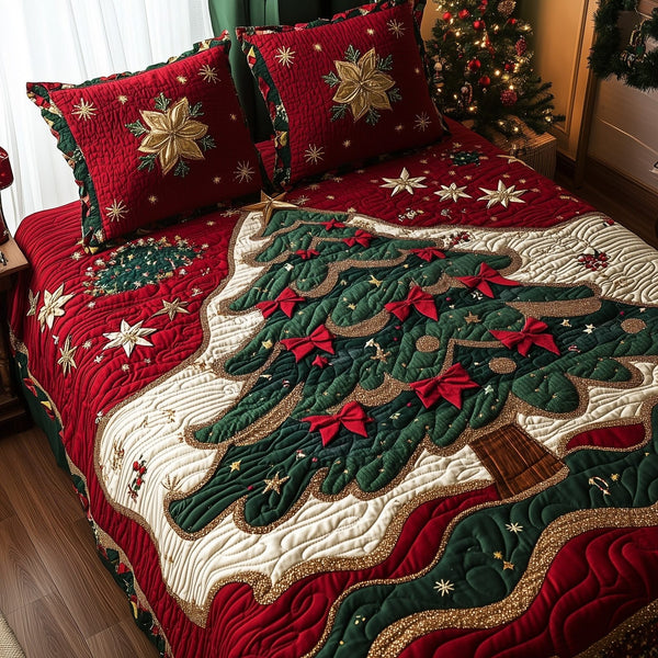 Festive Evergreen quilted 3-piece bedding set on a made bed in a winter-styled bedroom