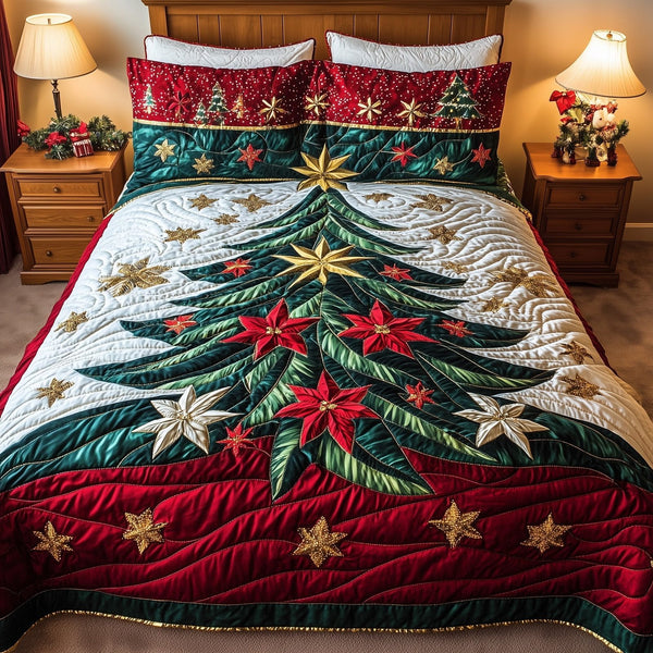 Festive Evergreen quilted 3-piece bedding set on a made bed in a winter-styled bedroom