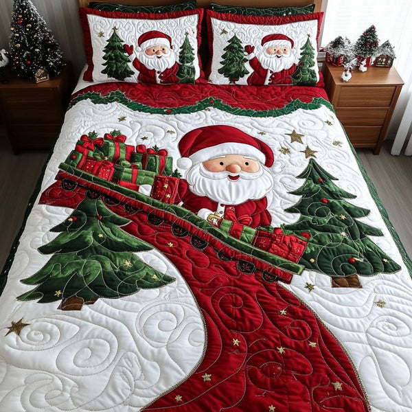 Festive Express quilted 3-piece bedding set on a made bed in a winter-styled bedroom