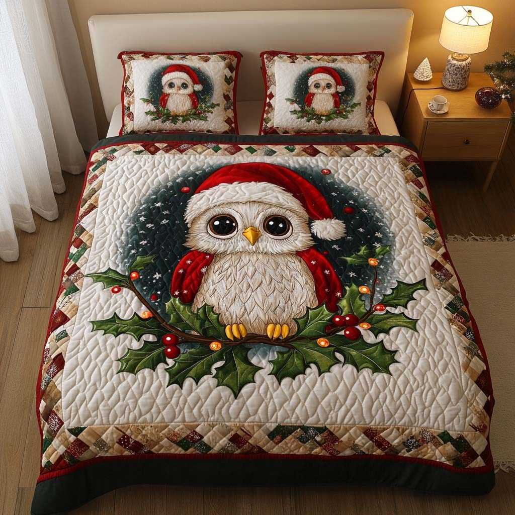 Festive Feathers quilted 3-piece bedding set on a made bed in a winter-styled bedroom