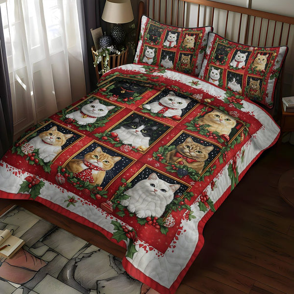Festive Feline Cheer quilted 3-piece bedding set on a made bed in a winter-styled bedroom