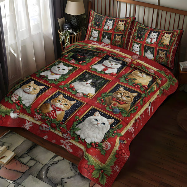 Festive Feline Friends quilted 3-piece bedding set on a made bed in a winter-styled bedroom