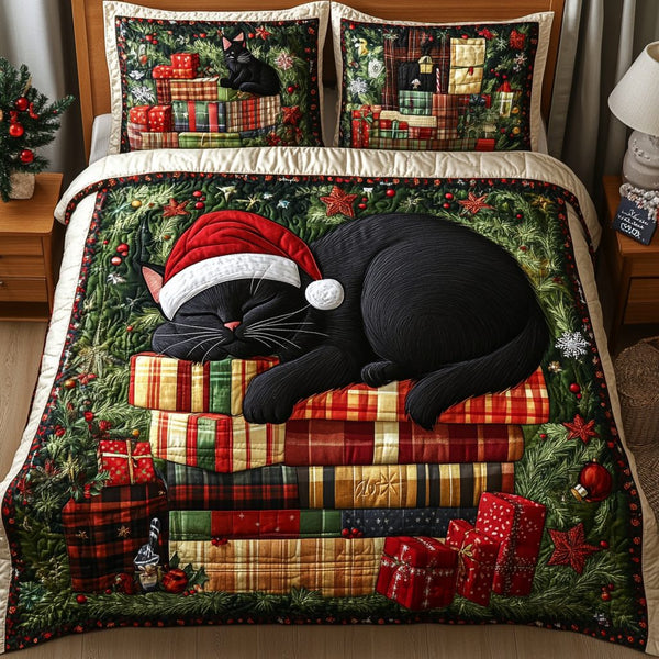 Festive Feline Stories quilted 3-piece bedding set on a made bed in a winter-styled bedroom
