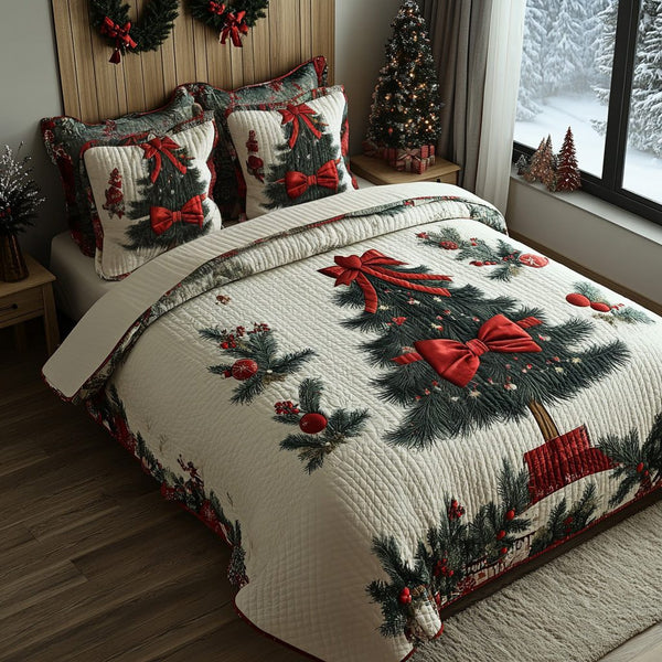 Festive Fir quilted 3-piece bedding set on a made bed in a winter-styled bedroom