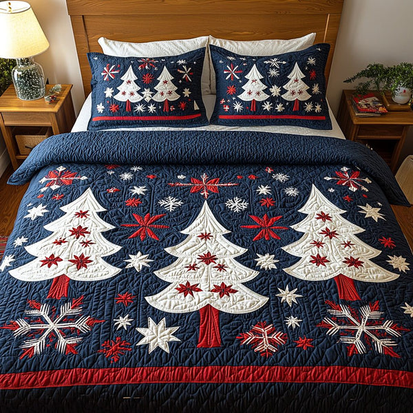Festive Fir quilted 3-piece bedding set on a made bed in a winter-styled bedroom