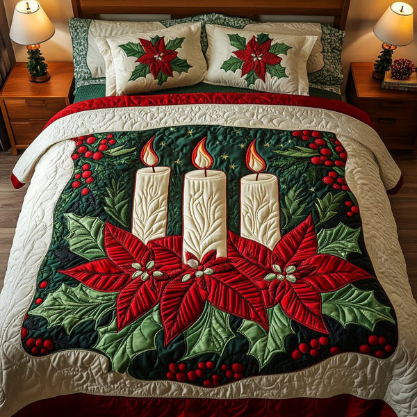 Festive Flames quilted 3-piece bedding set on a made bed in a winter-styled bedroom