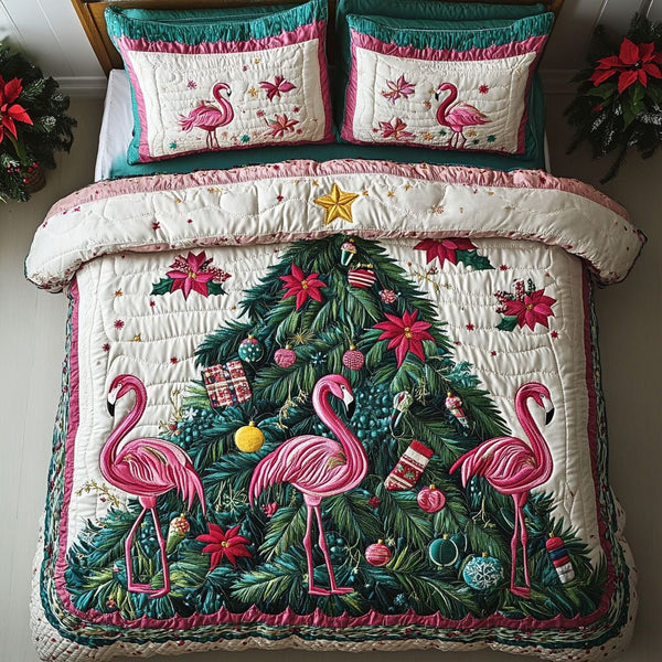 Festive Flamingo quilted 3-piece bedding set on a made bed in a winter-styled bedroom