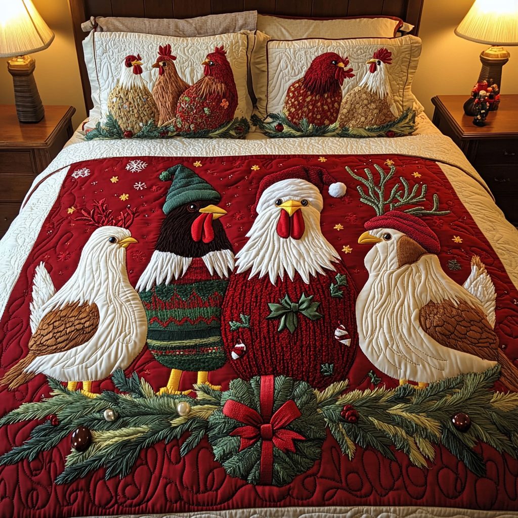 Festive Flock quilted 3-piece bedding set on a made bed in a winter-styled bedroom