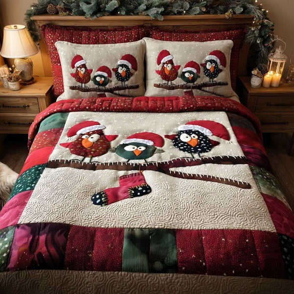 Festive Flock quilted 3-piece bedding set on a made bed in a winter-styled bedroom