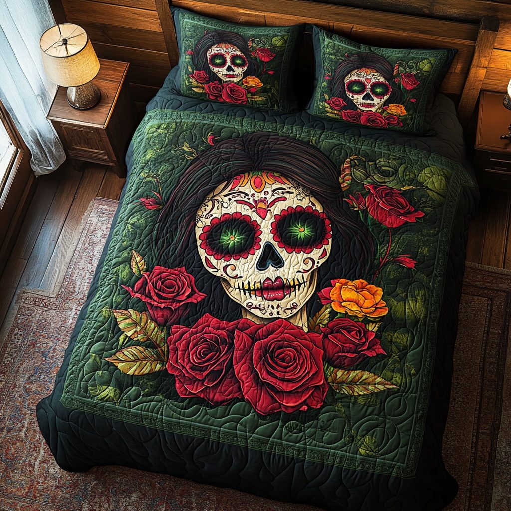 Festive Floral Skull quilted 3-piece bedding set on a made bed in a winter-styled bedroom