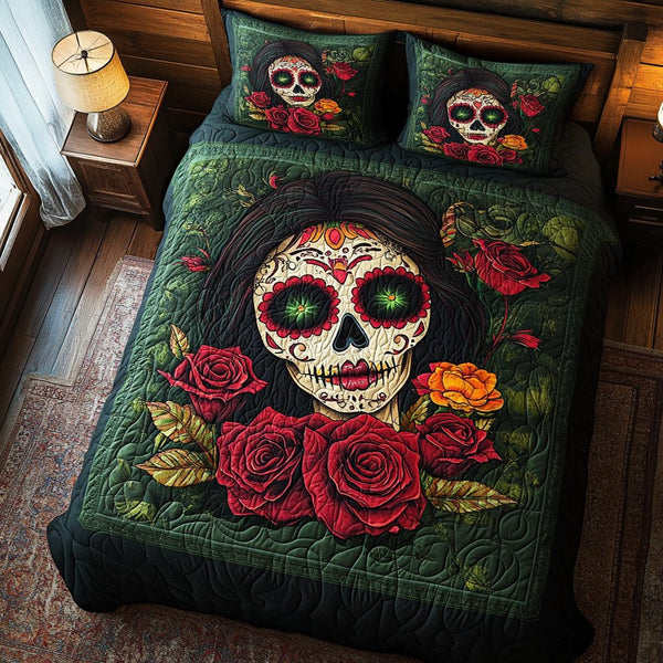 Festive Floral Skull quilted 3-piece bedding set on a made bed in a winter-styled bedroom